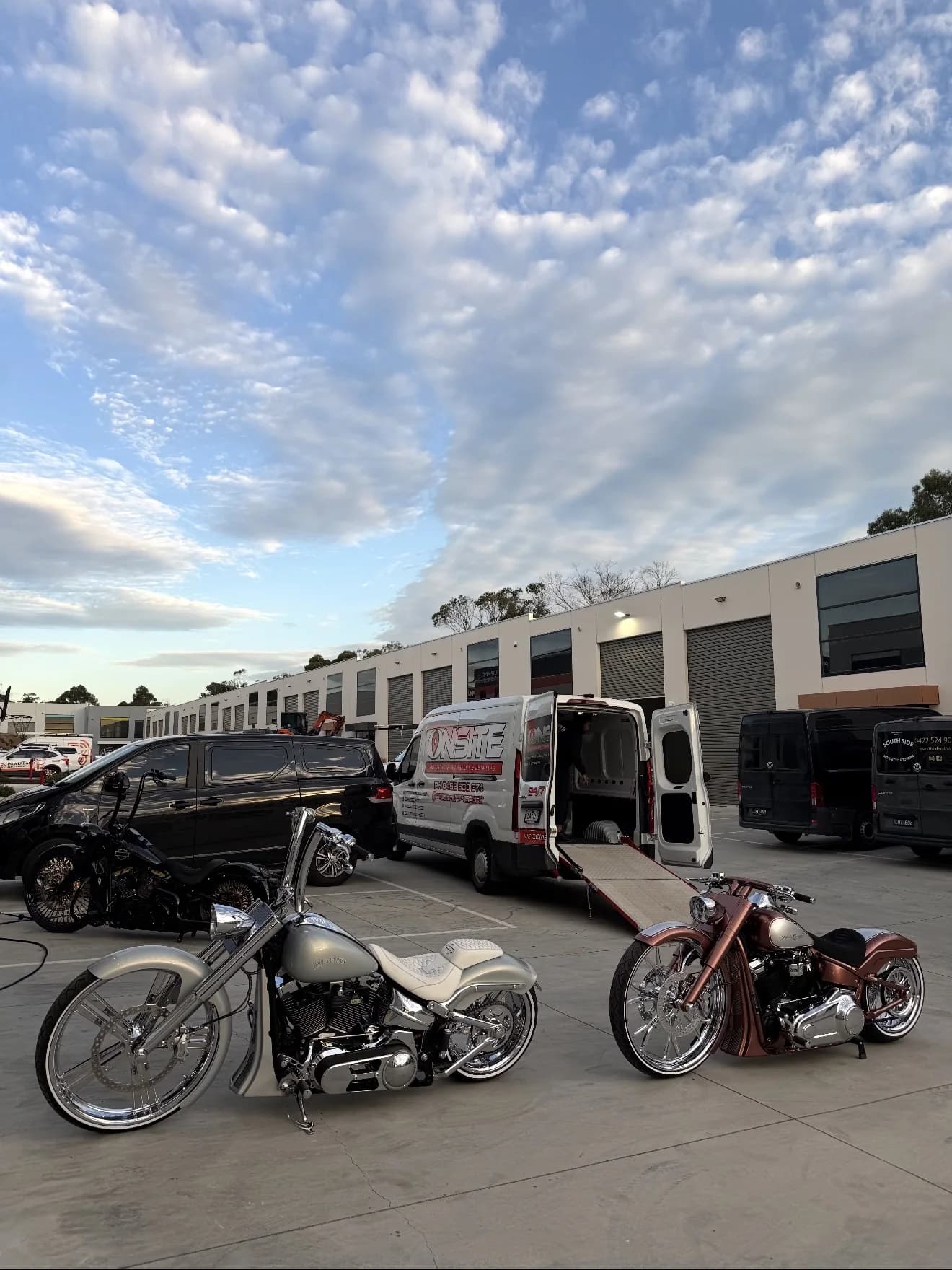 Onsite transport van with motorcycles ready for collection